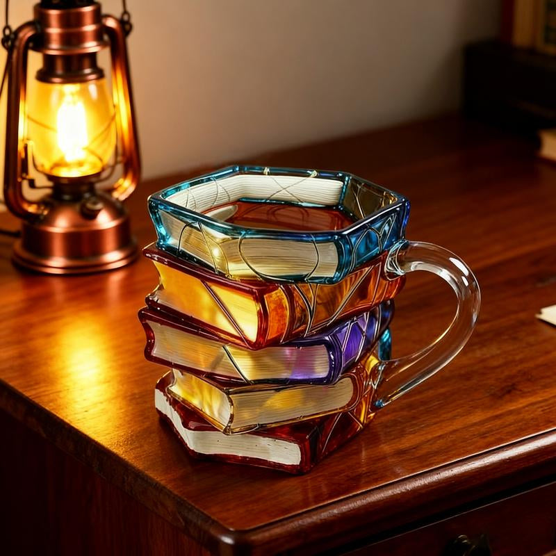 Literature Lover Gift | Ceramic Mug | Creative 3D Painting Book Design | Stacked Style | Unique Coffee Cup | Home Decor